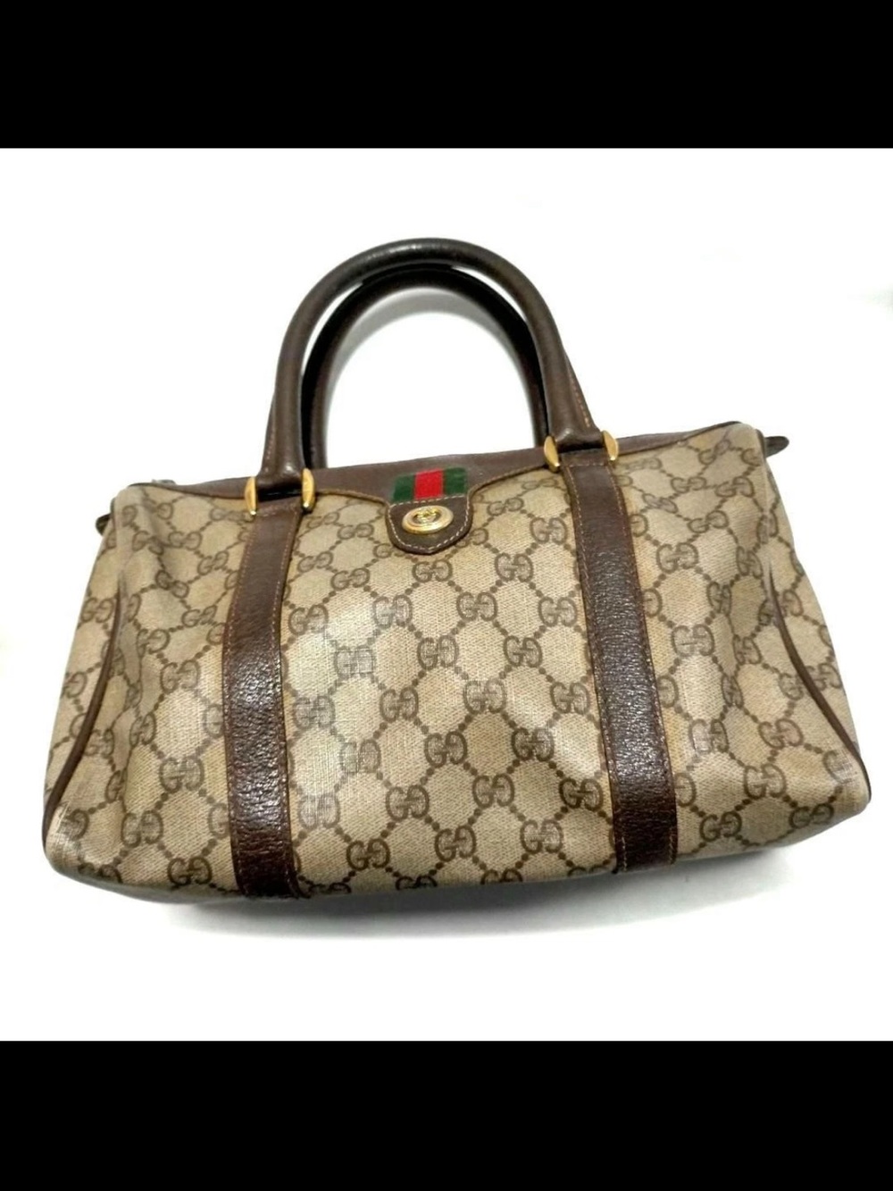 Gucci Beige GG Canvas Satchel with Brown Leather Trim and Web Stripe